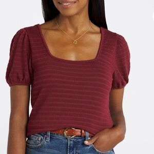 Beacon Ribbed Square Neck Puff Sleeve Top - Bordeaux Size Small